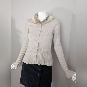 Vintage Laura Ashley Wool knit cardigan with faux fur collar Y2K small